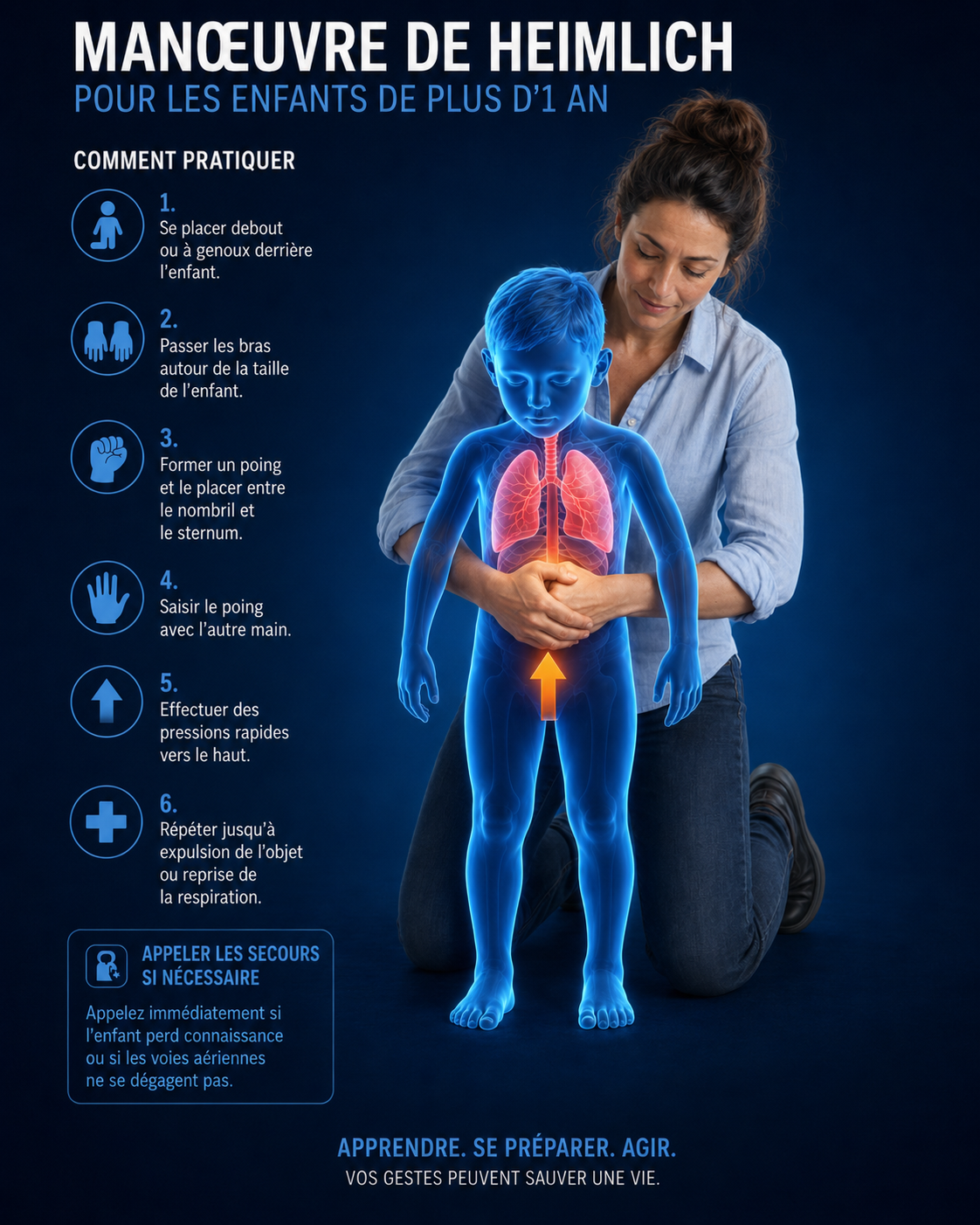 Infographie gestes anti-étouffement : tapes dans le dos et manœuvre de Heimlich enfant, guide NeoLife Prevention