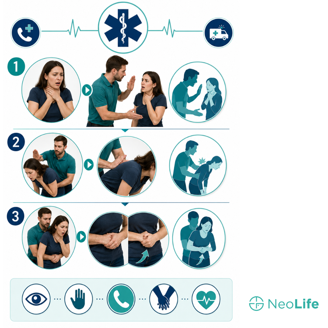 Infographie gestes anti-étouffement : tapes dans le dos et manœuvre de Heimlich, guide NeoLife Prevention