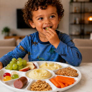 Enfant assis à table, portant un pyjama bleu, qui mange un grain de raisin devant une assiette composée de différents aliments.