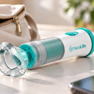 Dispositif anti-étouffement NeoLife portable posé près d’un sac de voyage et d’un repas