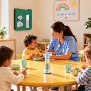 Enfants à table en crèche avec dispositif anti-étouffement NeoLife à proximité
